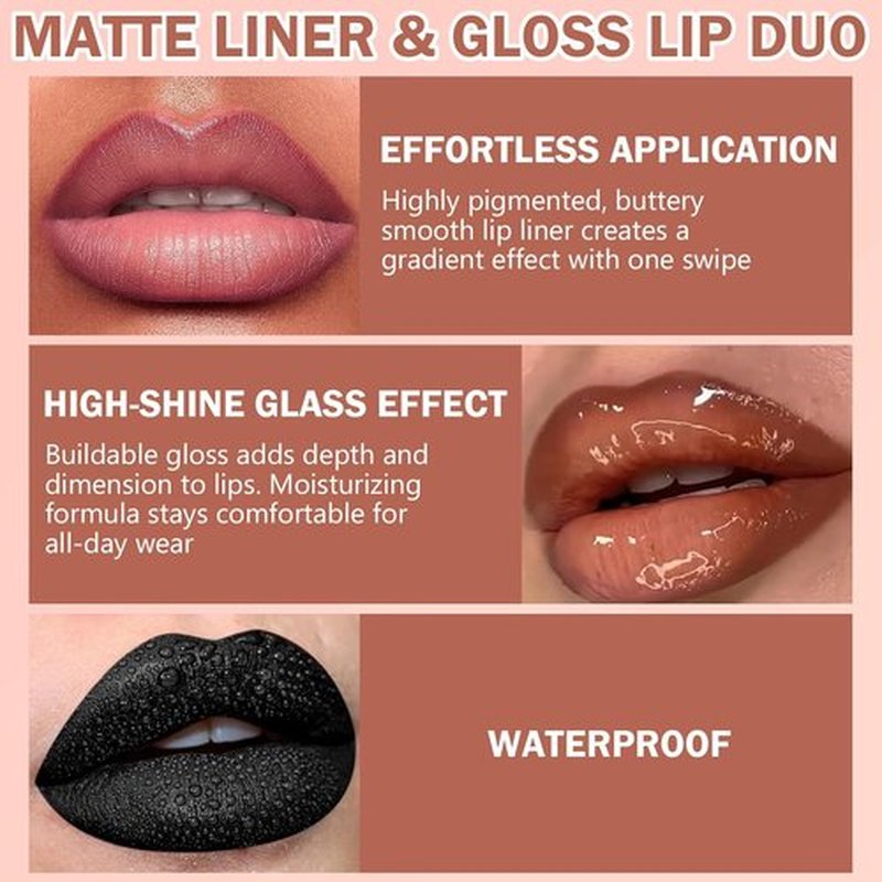 Skiennix Lip Liner & Gloss Lipstick Combo - 2-in-1 Dual-Ended Set, Soft Pink Velvet Matte & Light Pink Glowy Finish, Long-Lasting Plumping Effect