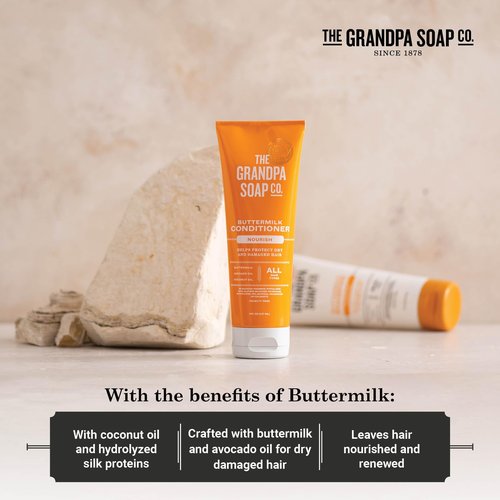 The Grandpa Soap Company Buttermilk Conditioner - Nourishing Formula to Help Strengthen and Hydrate Hair, With Coconut Oil & Silk Protein, Vegan, Sulfates and Parabens Free, 8 Fl Oz, 2 Pack