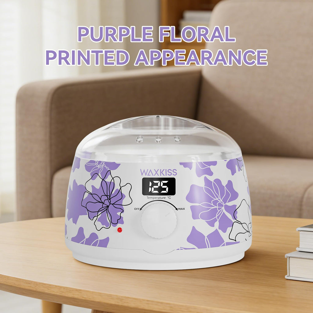 Waxkiss Digital Wax Warmer, White with Purple Floral Prints, 14oz Non-Stick Silicone Pot Hair Removal Heater, Adjustable Temperature with See-Through Lid for Women Men