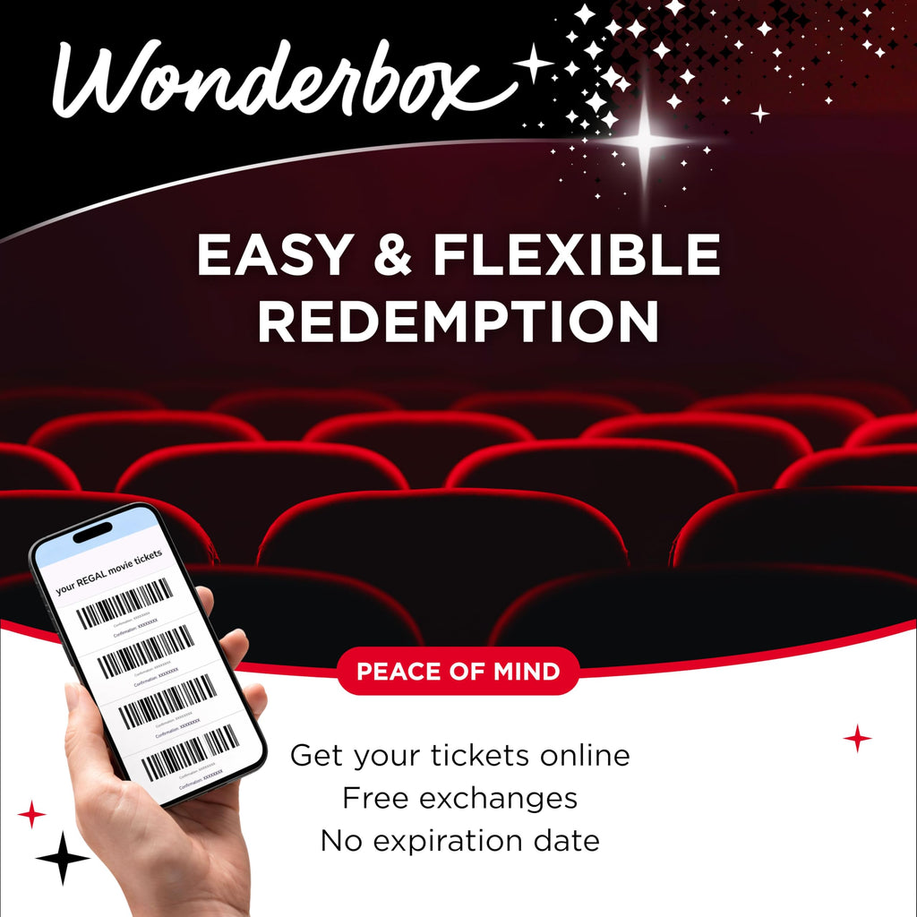 WONDERBOX - Regal Movie Gift Box – 2 Tickets, 2 Drinks & 2 Candies – Movie Night Experience for 2 – Valid at 425 Regal Locations in the US