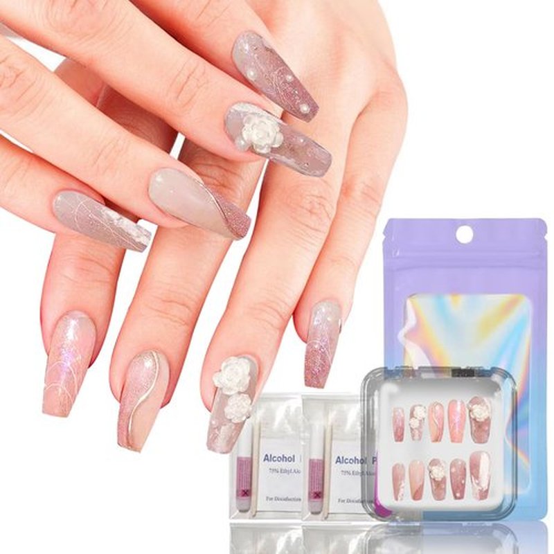 Sonloka 10-Piece Press On Nails Set - Convenient, Versatile, Reusable - Includes Press On Nails, Glue On Nails, Impress Nails - Pastel & Variety of Styles, Pink camellias