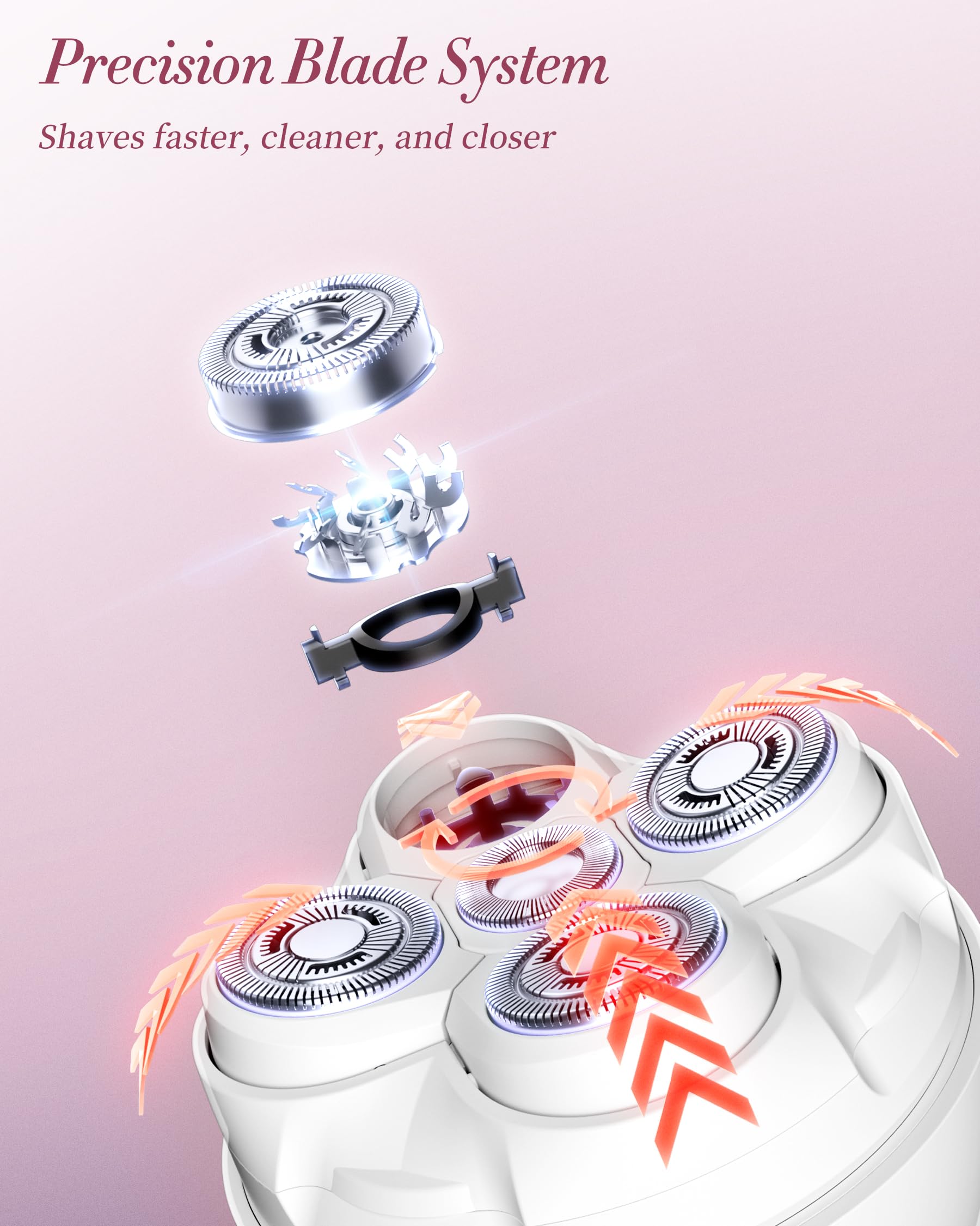 Electric Razors for Women - Magnetic 5D Floating Painless Shaver, Cordless Rechargeable Hair Remover, IPX6 Waterproof Wet Dry Shaving for Legs, Bikini, Face, Underarm, Arm (Pink, Glossy)