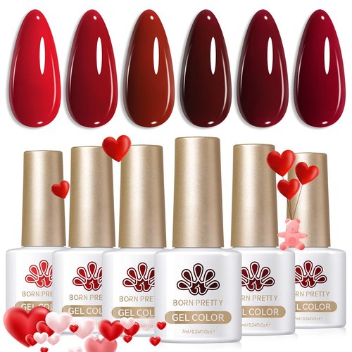 Born Pretty Red Gel Nail Polish Fall Winter 6 Colors Dark Red Burgundy Blood Cherry Wine Red Gel Nail Polish Soak Off Gel Polish Nail Art Design Manicure Salon DIY Home 7ml