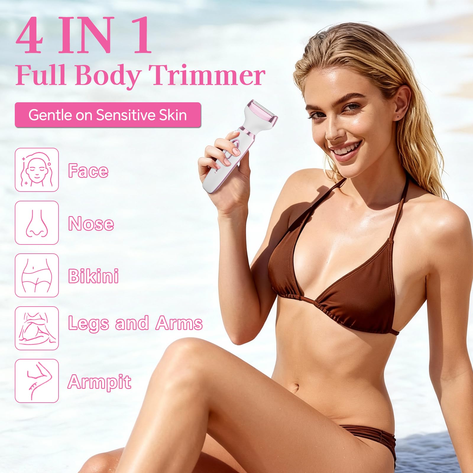 RUIM Women’s Electric Shaver 4-in-1, Painless Hair Remover for Bikini Face & Body, Cordless Wet/Dry Trimmer with Nose & Eyebrow Heads, Fast USB-C Charging, Travel-Ready Grooming Kit
