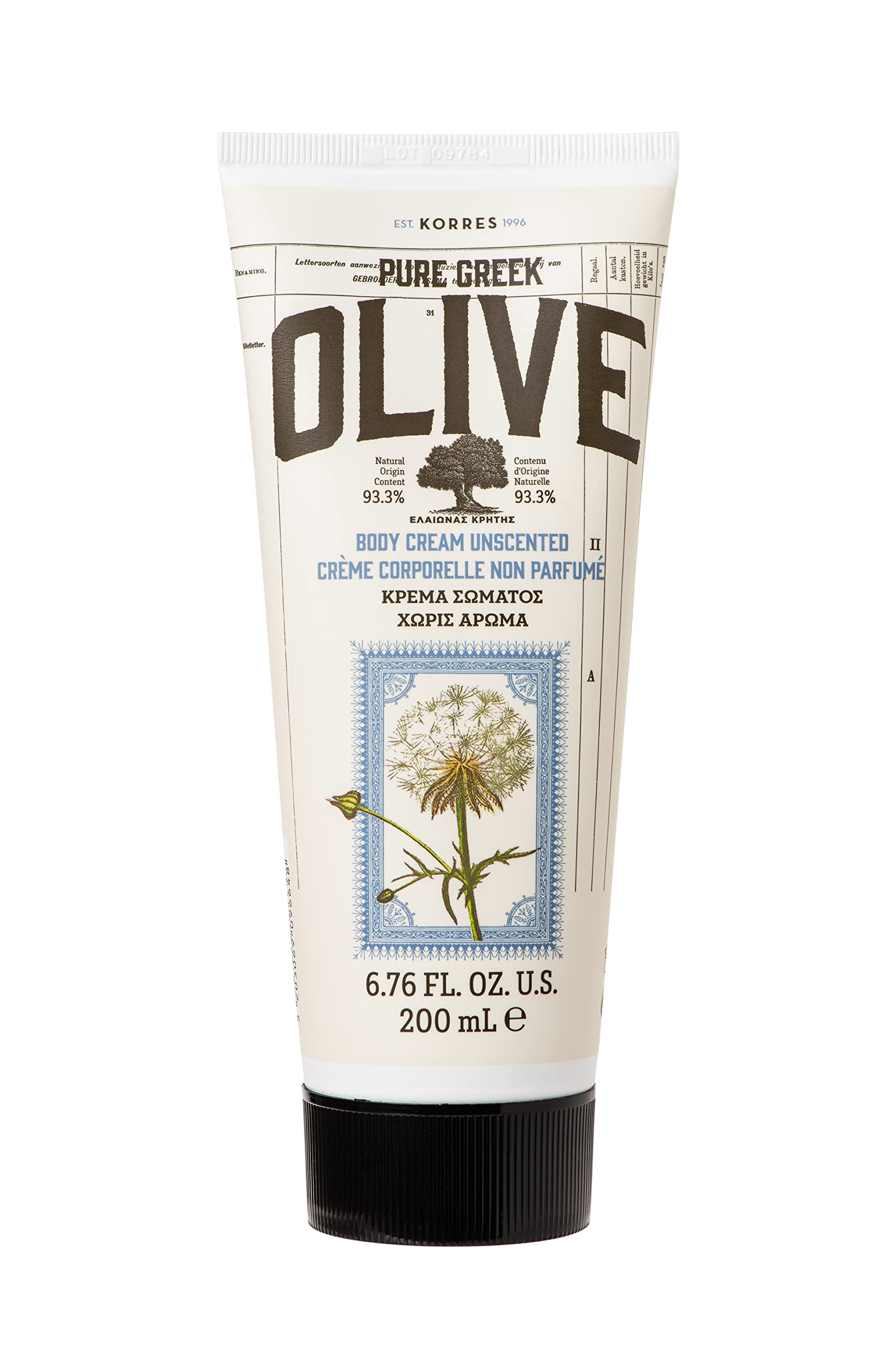 KORRES Pure Greek Olive Body Cream, Unscented Body Lotion with Omega Fatty Acids, Vitamins and Antioxidants, Nourishing Hydration for Dry Skin, Plant Based Moisturizer For Women & Men, 6.76 Fl Oz