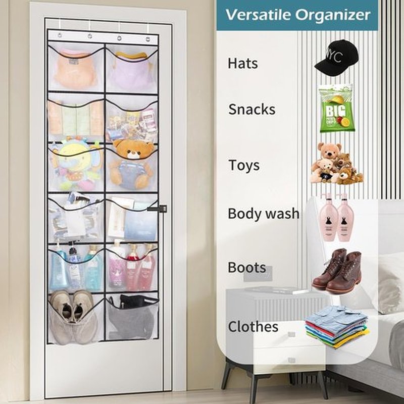 KIMBORA Over The Door Shoe Organizer - 12 Large Mesh Pockets for Boots & Shoes | White Hanging Rack