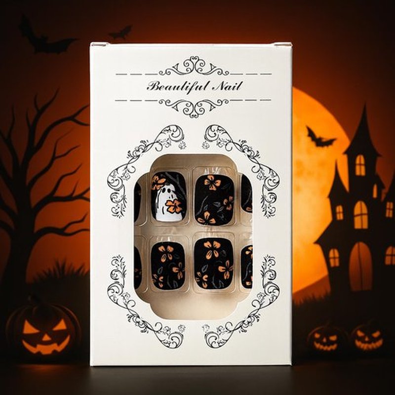 Press on Nails - Short Square Fake Nails with Yellow Flowers Cute Little Ghost Designs Black Matte Artificial Nails Full Cover Stick on Nails for Women Girls Party 12 Sizes - 24 Pcs