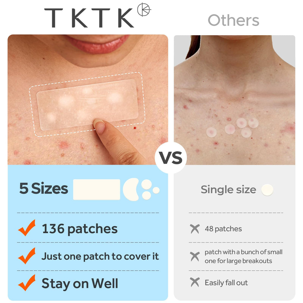 TKTK Large Pimple Patches for Face, 68 x 27 mm XL Hydrocolloid Bandages, Big Acne Patches for Body, Forehead, Chin, Nose, Chest and Back Blemish Zit Breakouts (Strip, Contoured, Dot 5 Sizes 136 Count)