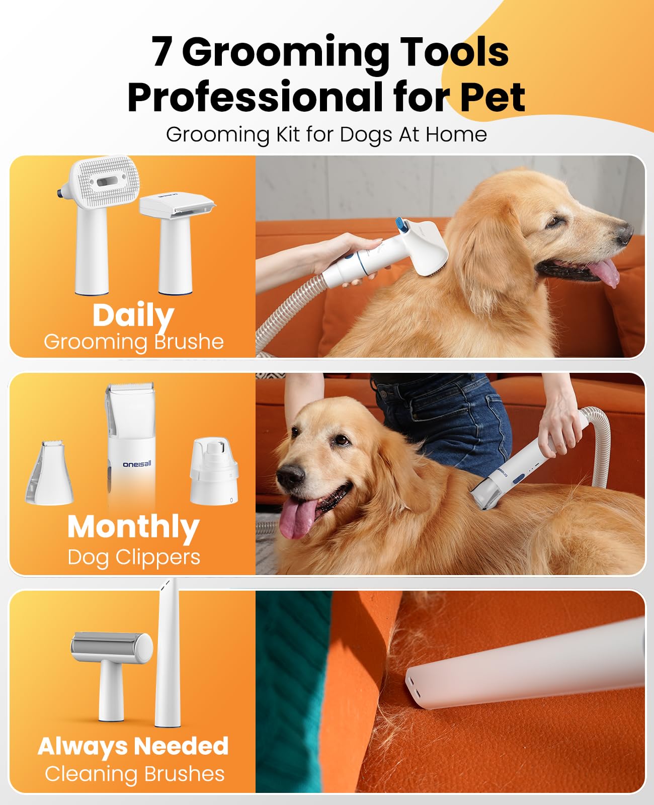 oneisall Dog Grooming Vacuum, 13000Pa Extra Large 3L Dust Cup Pet Vacuum with Clipper Nail Grinder & Shedding Brush, 7 in 1 Dog Grooming Kits, Low Noise, 3X Capacity & 3 Suction Levels, BM3