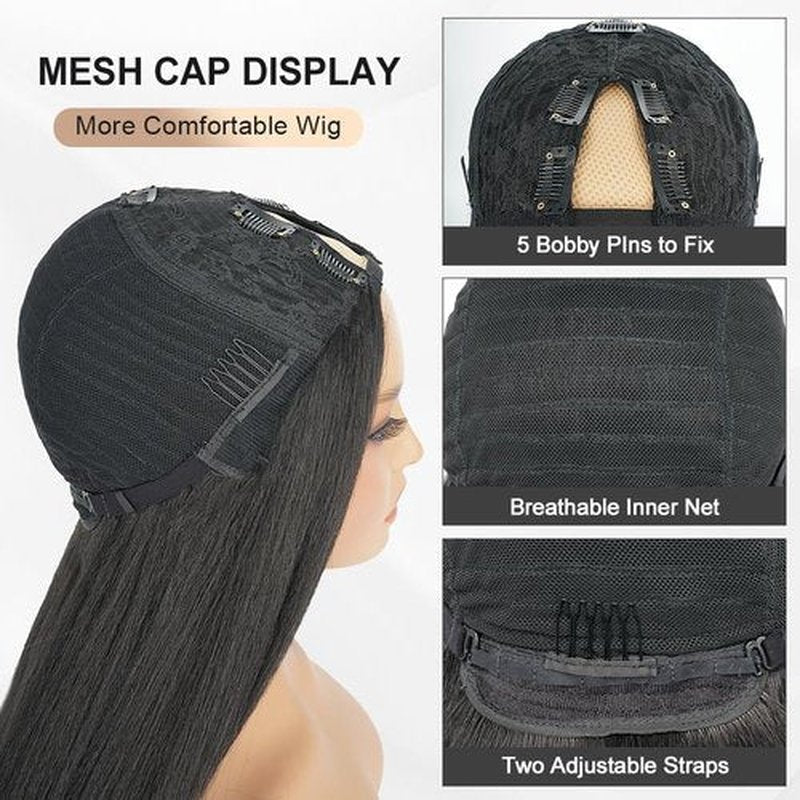 Enivuoso Yaki Straight V Part Wig Afro Kinky Straight Half Wig 180% Density Wear and Go Glueless Synthetic Half Wigs for Black Women, Synthetic No Leave out Clip in (#1B Black, 20 Inch)