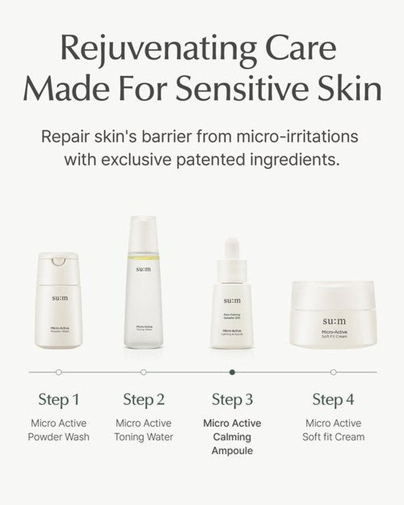 SU:M Micro-Active Calming Ampoule (0.5 fl oz) - Soothing Serum for Redness & Uneven Skin Texture, Provides Quick Relief for Sensitive Skin, Herbal Scent, Korean Skin Care
