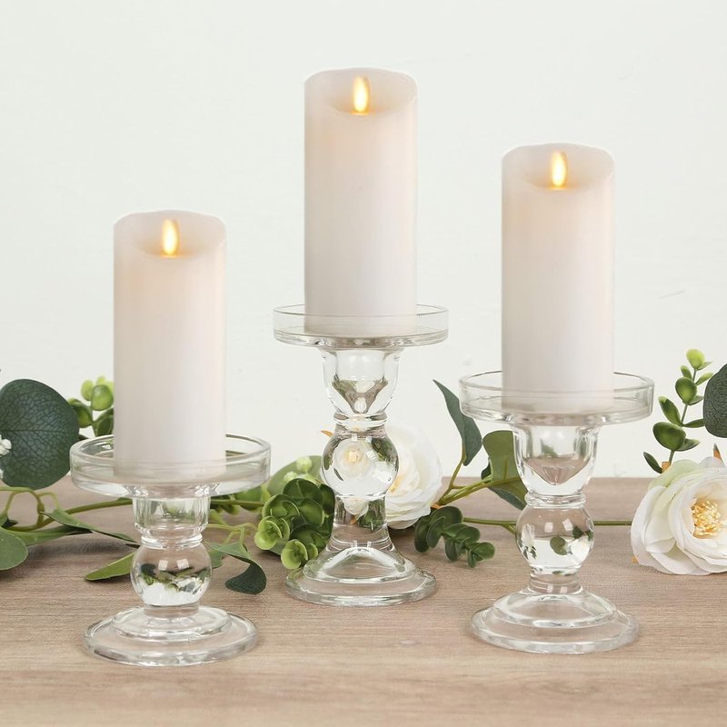 Efavormart Glass Pillar Candle Holders Set - Premium Clear Design with Round Tray | 3.5", 4.5", 5.5" Sizes