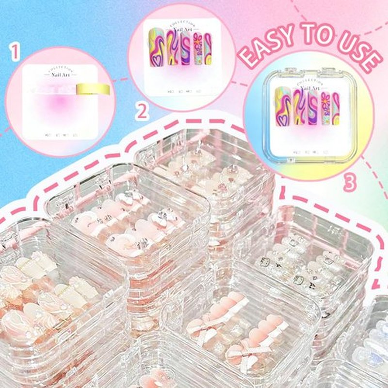 PZSZMIAO 12PCS Press on Nail Storage Box Acrylic Organizer Nail Case Nail Display Case Nail Display Box Artificial False Nail Box with Double Sided Adhesive Nail Tape Suitable for Press on False Nail