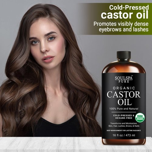 Organic Castor Oil for Hair, Scalp, Skin, Face & Eyelashes | USDA Certified | 100% Pure Castor Oil Organic Cold Pressed Unrefined Glass Bottle, Hexane Free - Soulspa Pure - 16 fl oz