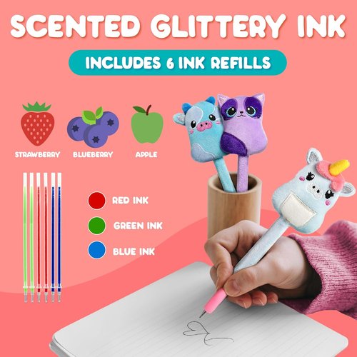 BUNMO Plush Cute Pens 3-Pack - Squishy Animal Pens with Scented Glitter Ink Refills | Cat, Cow, Unicorn
