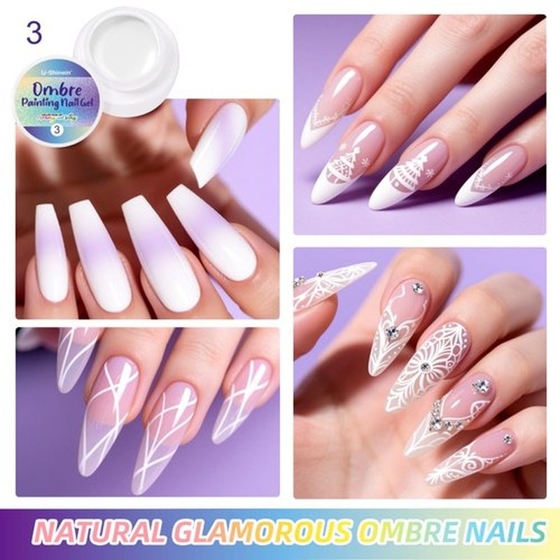 U-Shinein Ombre Gel Nail Polish Set,Colorful Painting Nail Gel with 50Pcs Nail Sponges & 4 Claws Metal Grabber for DIY Nail Art #03 White