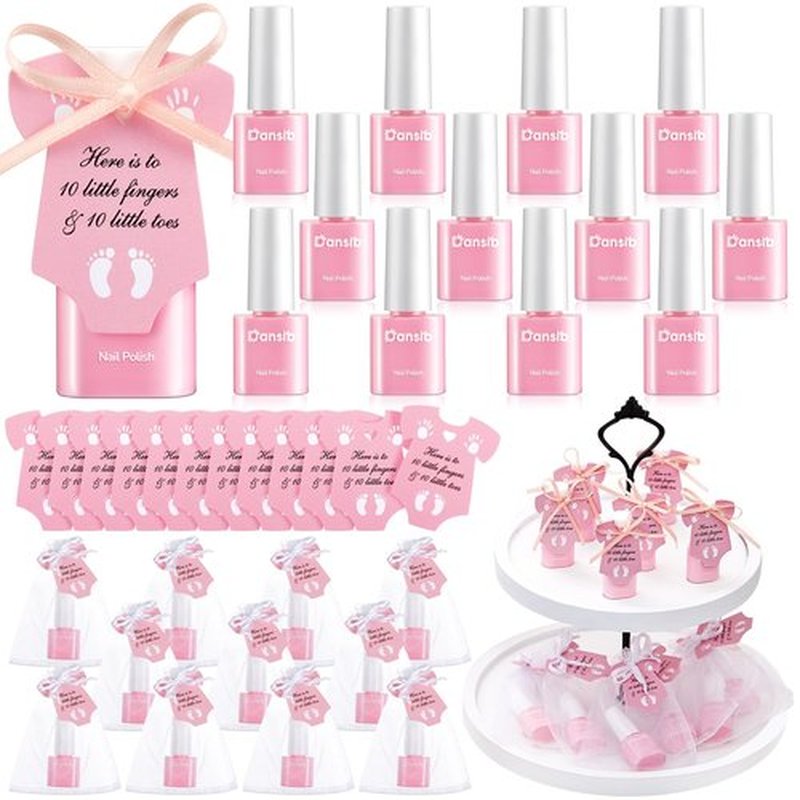 Dansib 12 Set Light Pink Baby Shower Mini Nail Polish Bulk Baby Shower Party Favors for Guests Gender Reveal Party Supply Souvenir Return Thank You Gifts with Card Organza Bags Ribbon Quick Dry