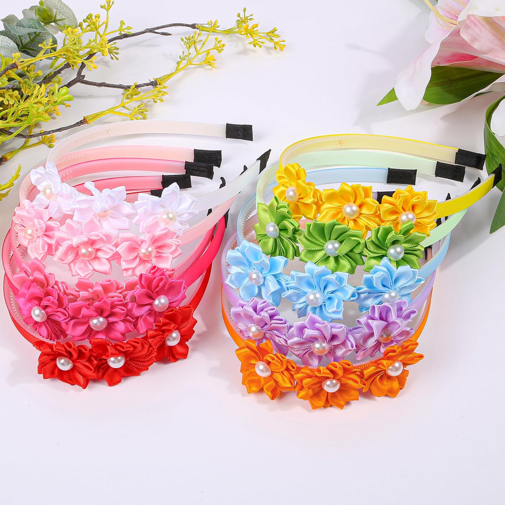 XIMA Pearl Flower Headbands for Girls,Satin Hair Bands with Flowers, Multiple Colors Pack of 10