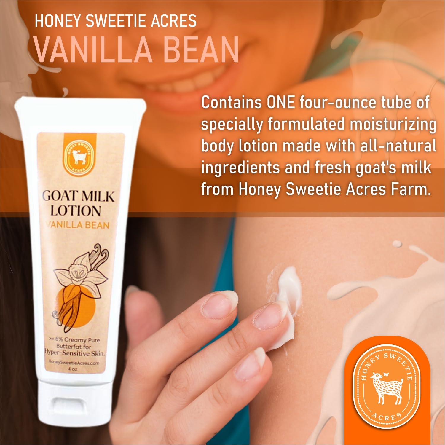 Honey Sweetie Acres Fresh Off The Goat All-Natural Goat Milk 4 oz Vanilla Bean Body Lotion is a cruelty-free, handmade lotion that hydrates and moisturizes - Made in the USA