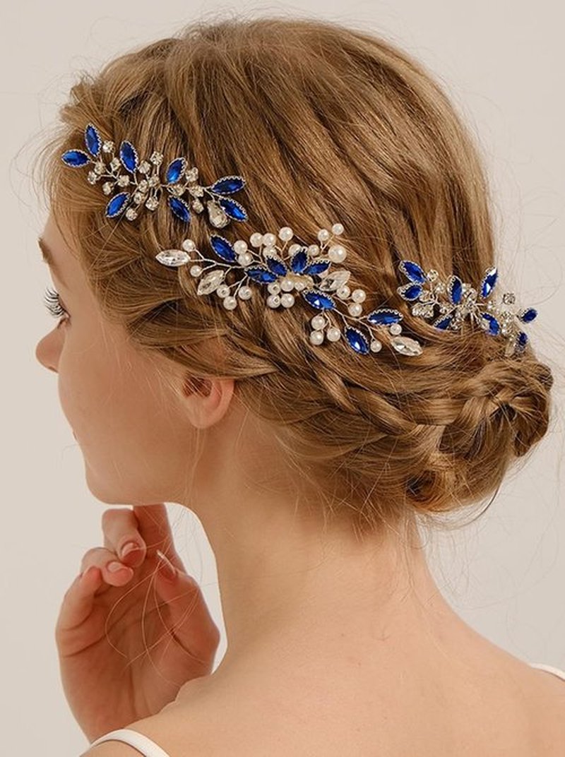 Missgrace Bride Blue Wedding Hair Side Comb with Hair Pins Pearls Women Hair Comb Rhinestone Crystal Headpiece Dainty Bridal Hair Accessories for Women