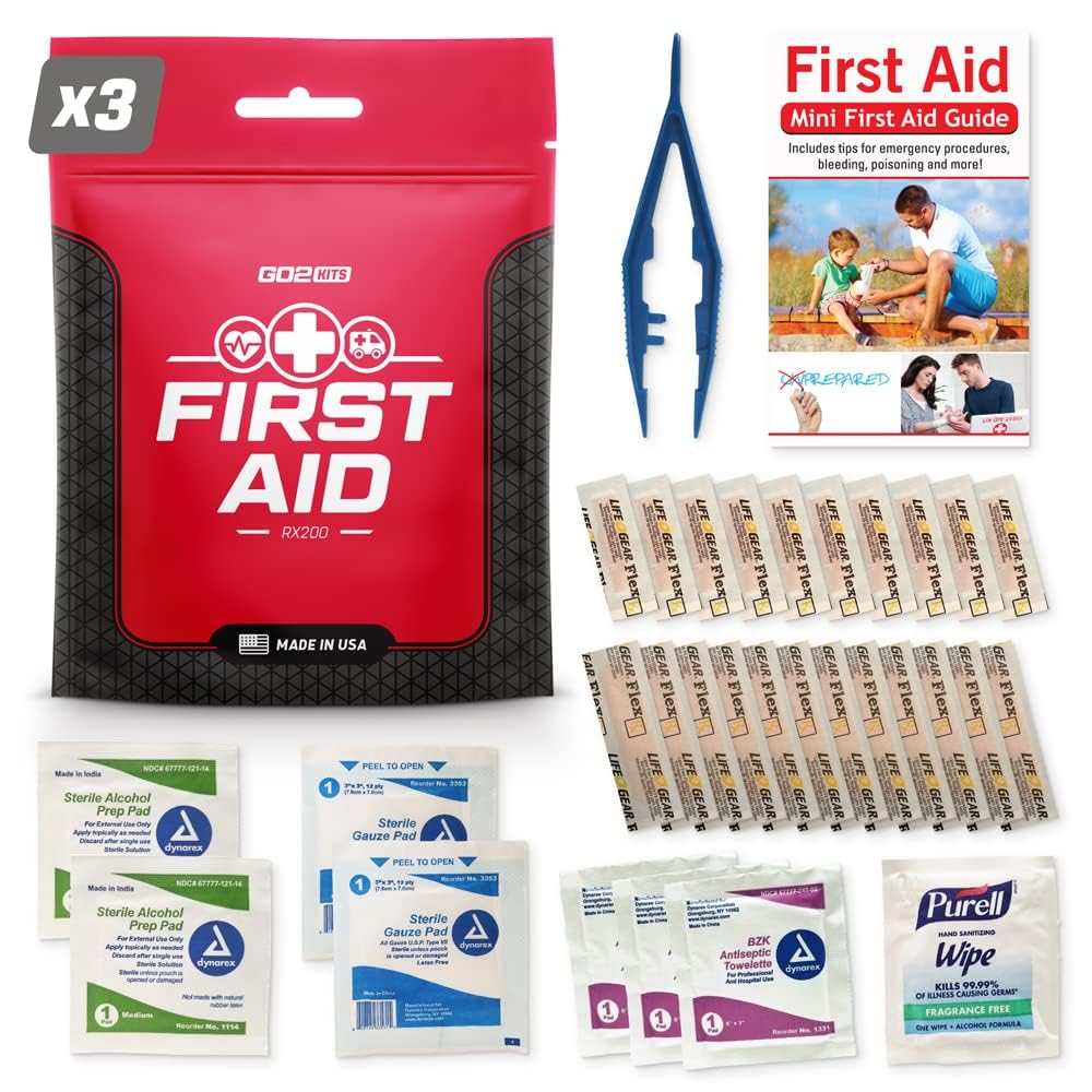 Go2Kits 38-Piece First Aid Kit 2.0, Basic Plus Emergency First Aid Kit for Home, Work & Travel, Red, 38 Pieces, 3-Pack (RX200)