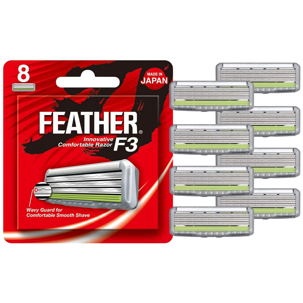 Feather - F3 Razor Blades Refills - Wavy Guard with SiC Ceramic Technology for Smooth Shave - Reduces Irritation and Razor Burns - Innovative Comfortable Blades for Sensitive Skin - 8 Pack