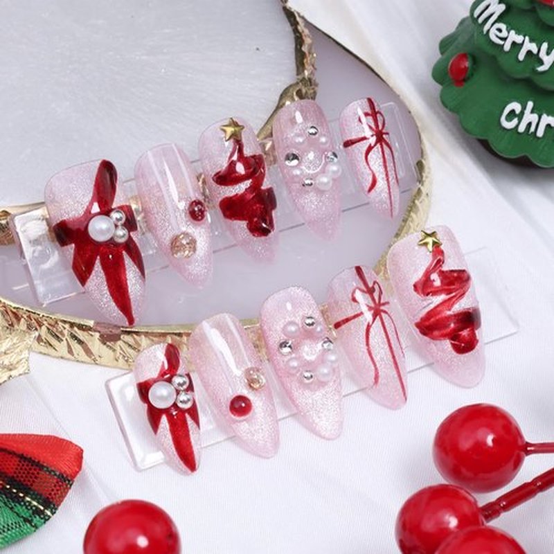 10Pcs Handmade Christmas Press on Nails Medium Almond Fake Nails Red Christmas Trees with Colorful Ball Glitter Full Cover Pink Nails Glue on Nail Winter Xmas False Nails for Acrylic Manicure Tips