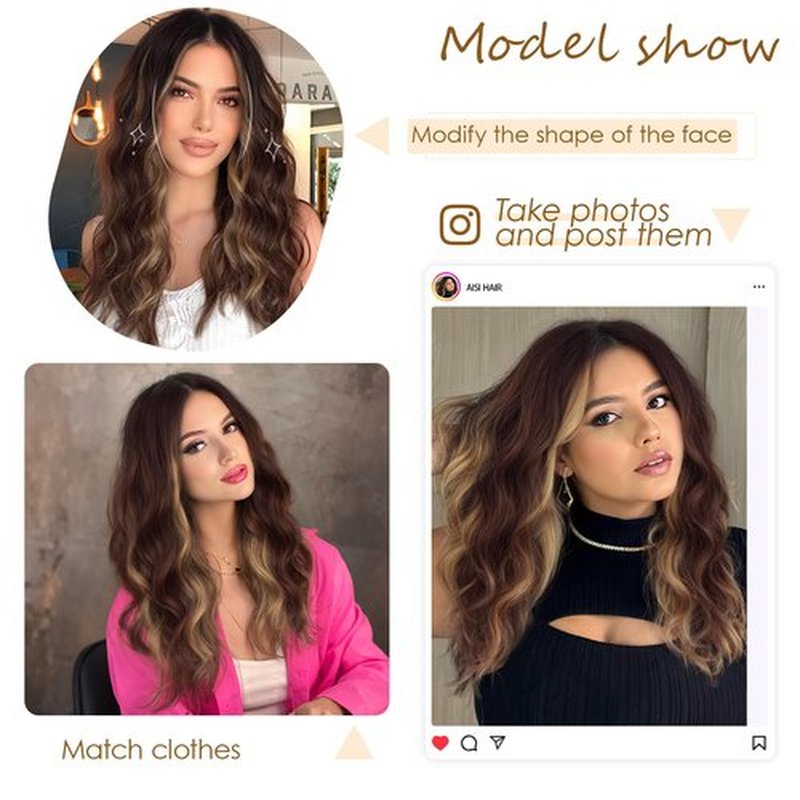 AISI HAIR 【Beginner Friendly Wigs Highlights Brown Wig for Women Medium Length Wave Curly Glueless Synthetic Heat Resistant Hair Wigs for Daily Party Cosplay