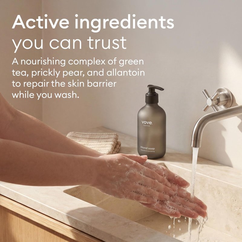 Vove Hand Soap Starter Set with Refillable Dark Glass Pump Bottle & 3 Refills, Mandarin Geranium & Cedarwood, Powder-to-Gel with Aloe Vera & Cactus Extract, Plant-Based Formula, Plastic-Free