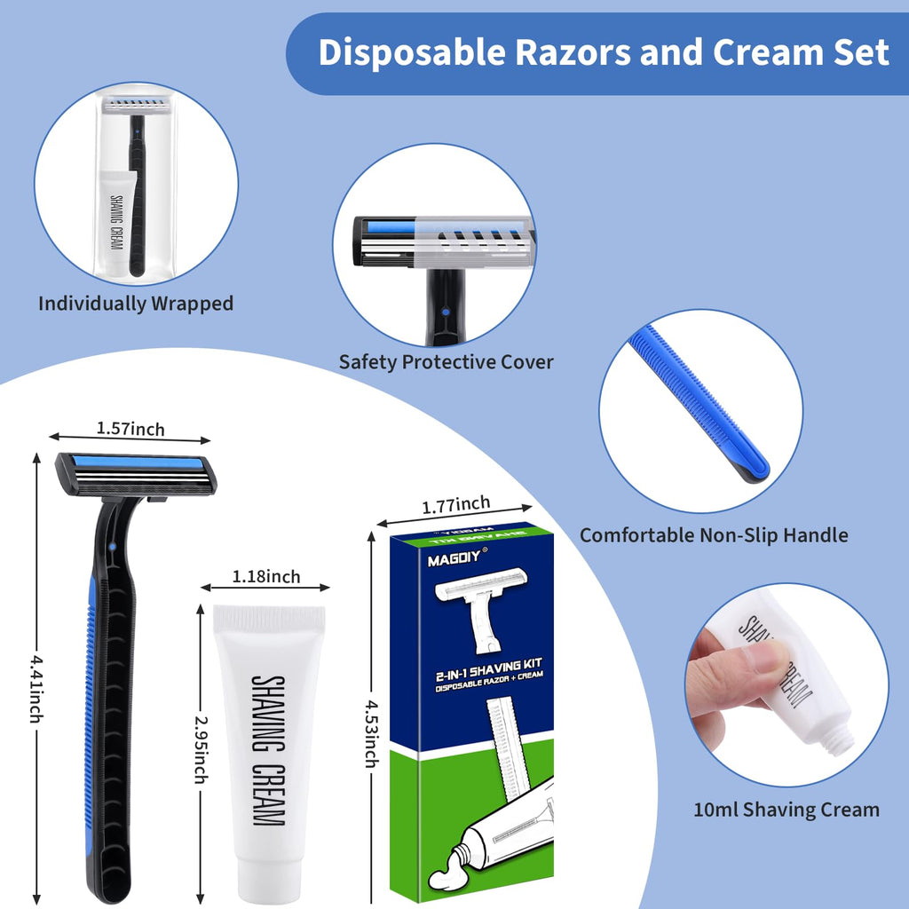 MAGDIY 60 Pack Disposable Razors Shaving Cream Bulk for Men Homeless Supplies, Travel Size Shaving Cream Kit, Disposable Razors Bulk, Individually Wrapped Toiletries for Hotel Airbnb Donation Shelter