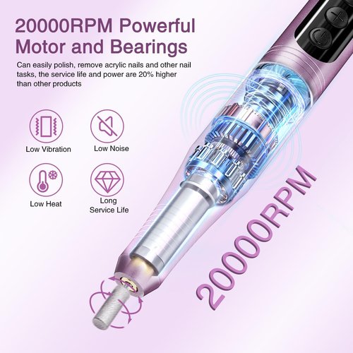 Electric Cordless Nail Drill File: LED Display Professional Portable Nail Drill for Acrylic Gel Dip Powder Nails Manicure Pedicure Kit Tool with Nail Drill Bits Sanding Bands, Purple