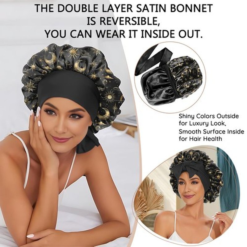 Deokke Satin Hair Braid Bonnet for Sleeping Double Layer Elastic Wide Soft Tie Band Sleeping Hair Silk Lined Sleep Cap for Women Girls-Sun Moon