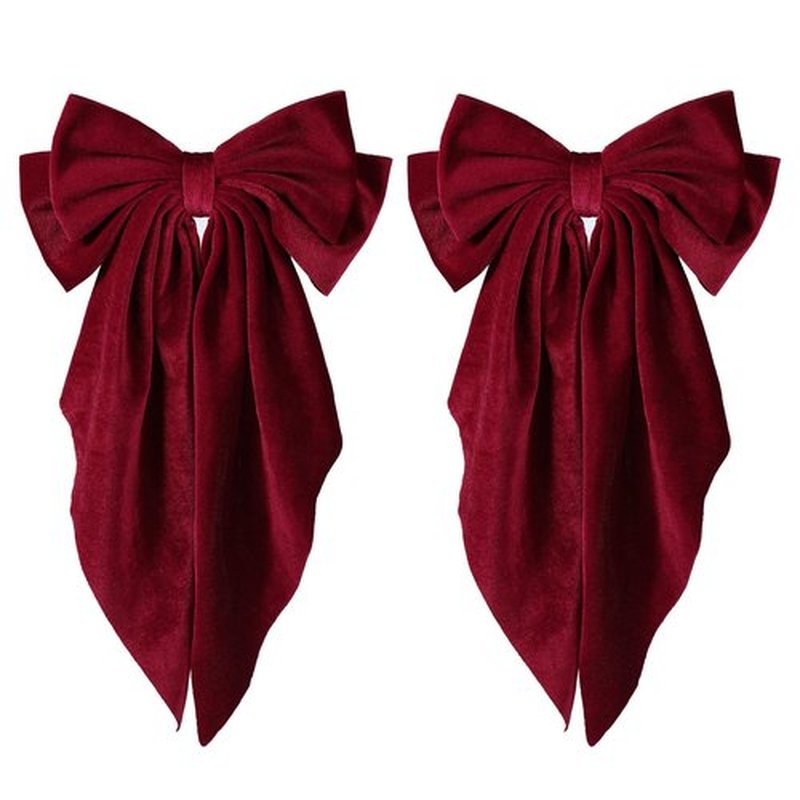 2PC Dark Red Velvet Hair Bows Hair Ribbon Clips Oversized Bowknot Hair Barrettes With Long Tail Vintage Hair Decoration Accessories for Women Girls Thick Curly Wavy Straight Hair