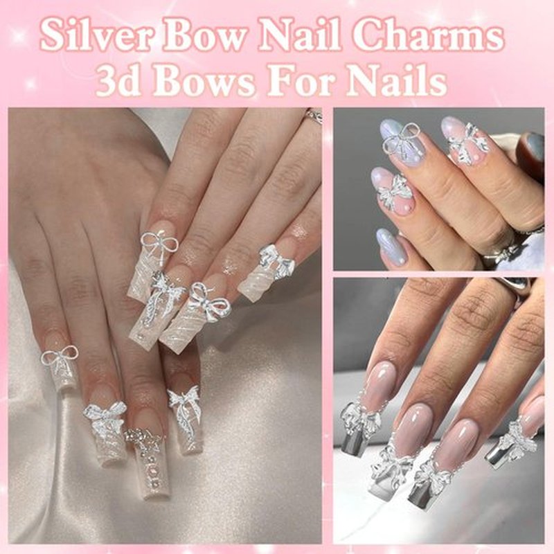 100 Pcs Silver Bow Nail Charms Y2K, 10 Styles Alloy Nail Bows Charms for Nail Art, Shiny Metal Bowknot Nail Art Charms for Nails Art Design DIY Accessories