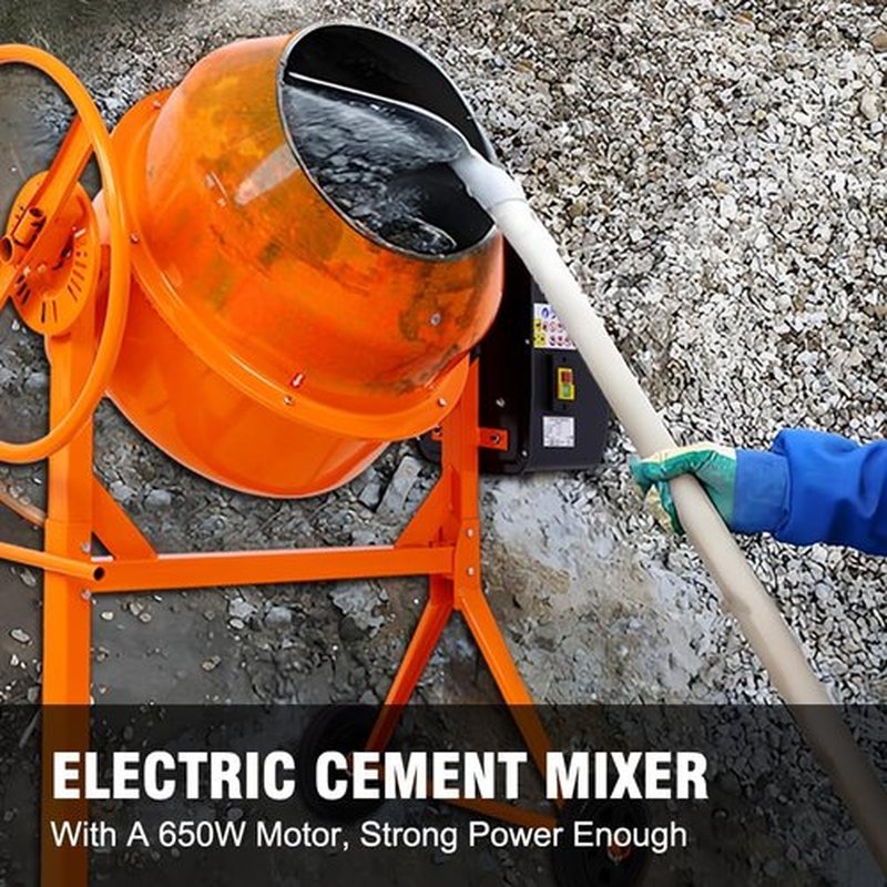Skiennix 5.0 Cu. Ft Electric Cement Mixer - 650W Heavy-Duty Portable Concrete Mixer with Wheels & Stand, Adjustable Tilt, Orange