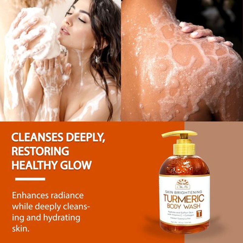 OKAY Turmeric Body Wash - Skin Brightening Cleanser with Vitamin C & Collagen | 20 oz for Even Tone