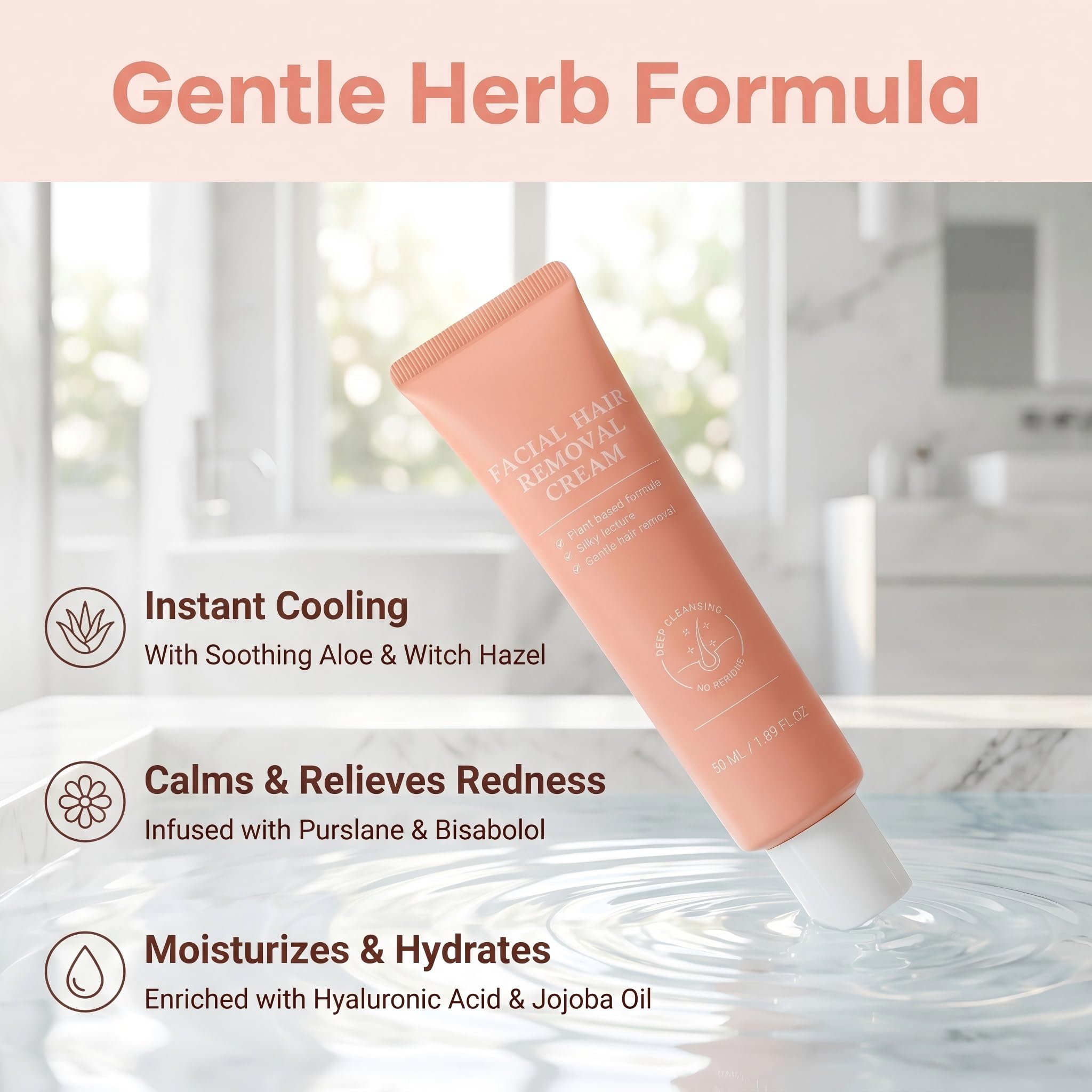 Female facial hair removal cream - painless and gentle hair removal cream for upper lip, chin, and face, containing spatula, 4-Minute At-Home Sensitive Skin Hair Remover, 2.37FI Oz.