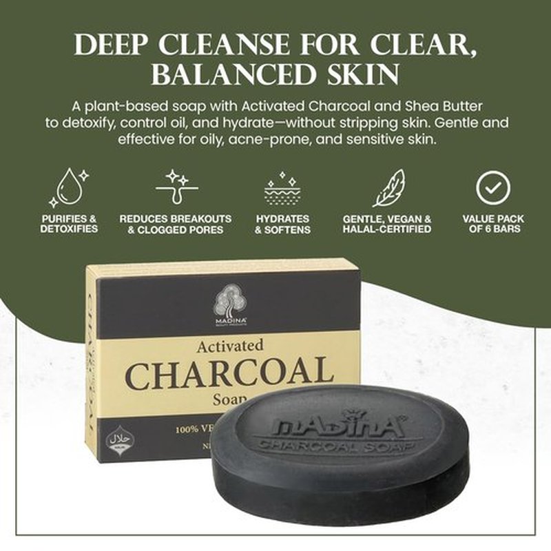 Madina Activated Charcoal Soap Bar – Deep Cleansing, Detoxifying, Oil Control, Acne, 100% Vegetable-Based, Halal, Gentle Face & Body Cleanser, 6 Pack (3.5 oz Each)