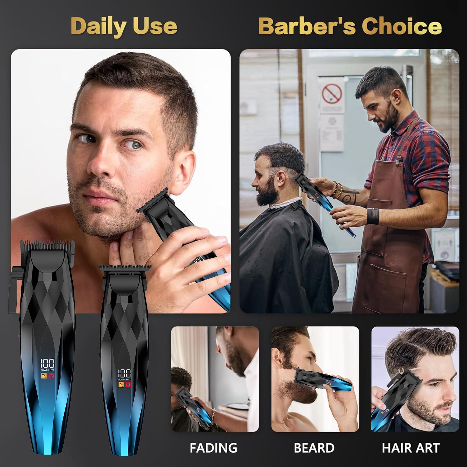 WAIKIL Cordless Hair Clippers for Men, Professional Barber Clipper and Trimmer Kit with LED Display, Rechargeable Beard Trimmer for Home and Salon Use,Blue