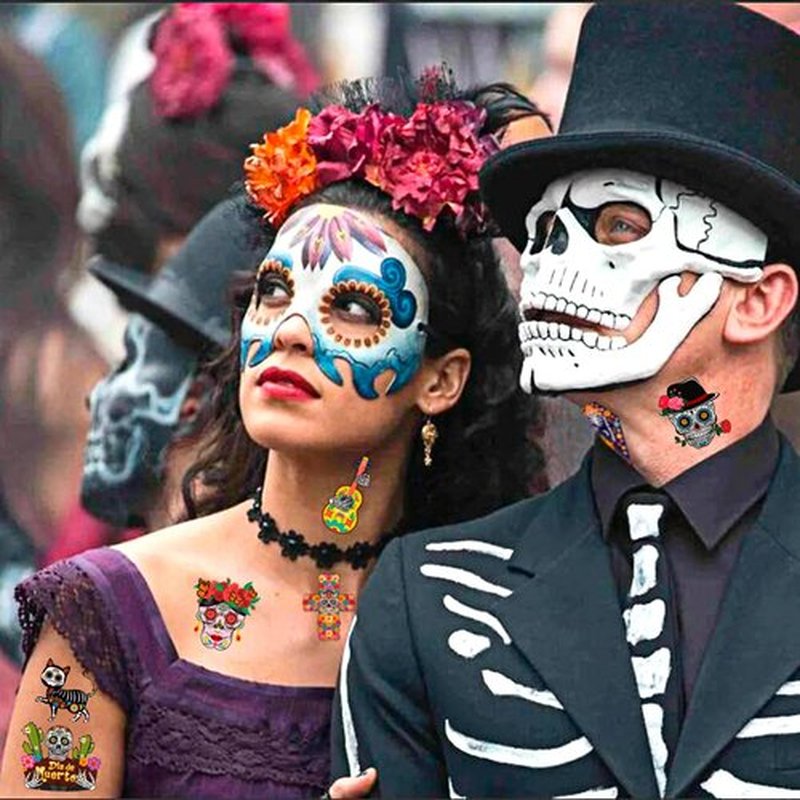 HOWAF 96pcs Day of the Dead Face Tattoos, Dia De Los Muertos Costume Skuall Temporary Tattoos, Day of the Dead Floral Skull Tattoos Stickers for Halloween Mexican Fiesta Party Decoration