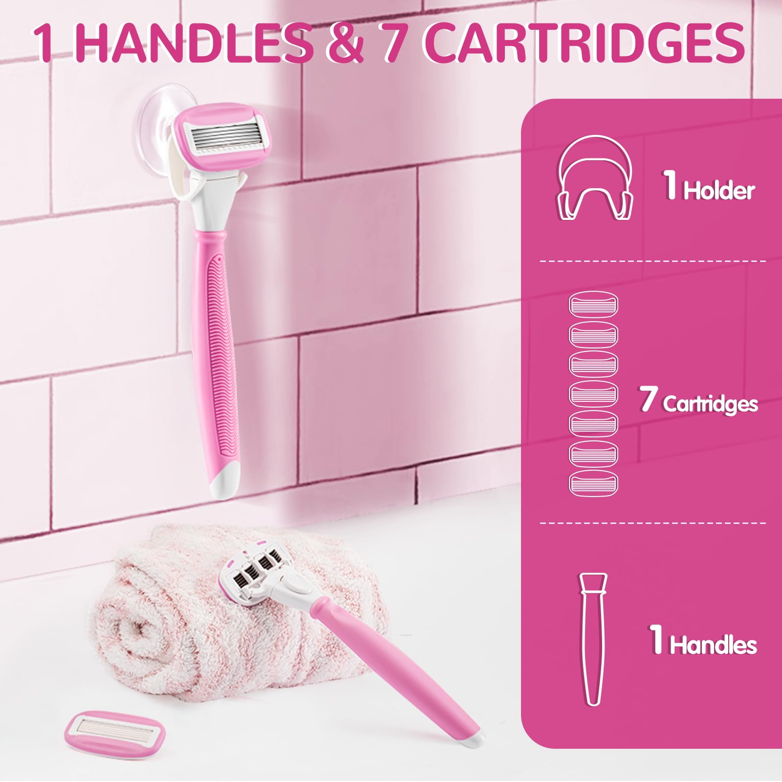 Razors for Women Include 1 Handle and 7 Cartridges, Disposable Razor with 360° Lubrication Reduces Irritation, Pink