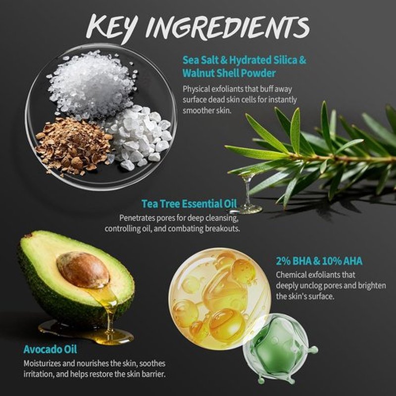 Men's Body Scrub by [Brand Name] - Exfoliating Tea Tree Oil Formula for Smooth Skin | 2% BHA & 10% AHA
