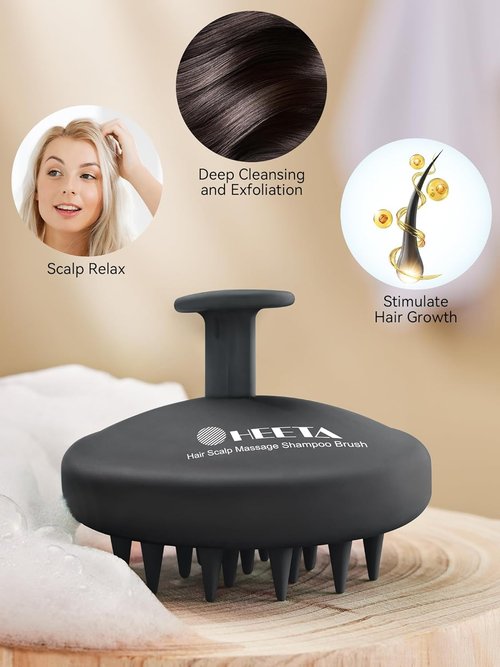 HEETA Scalp Massager - Hair Growth Scrubber with Soft Bristles | Silicone Exfoliator for Dandruff & Relaxation - Black