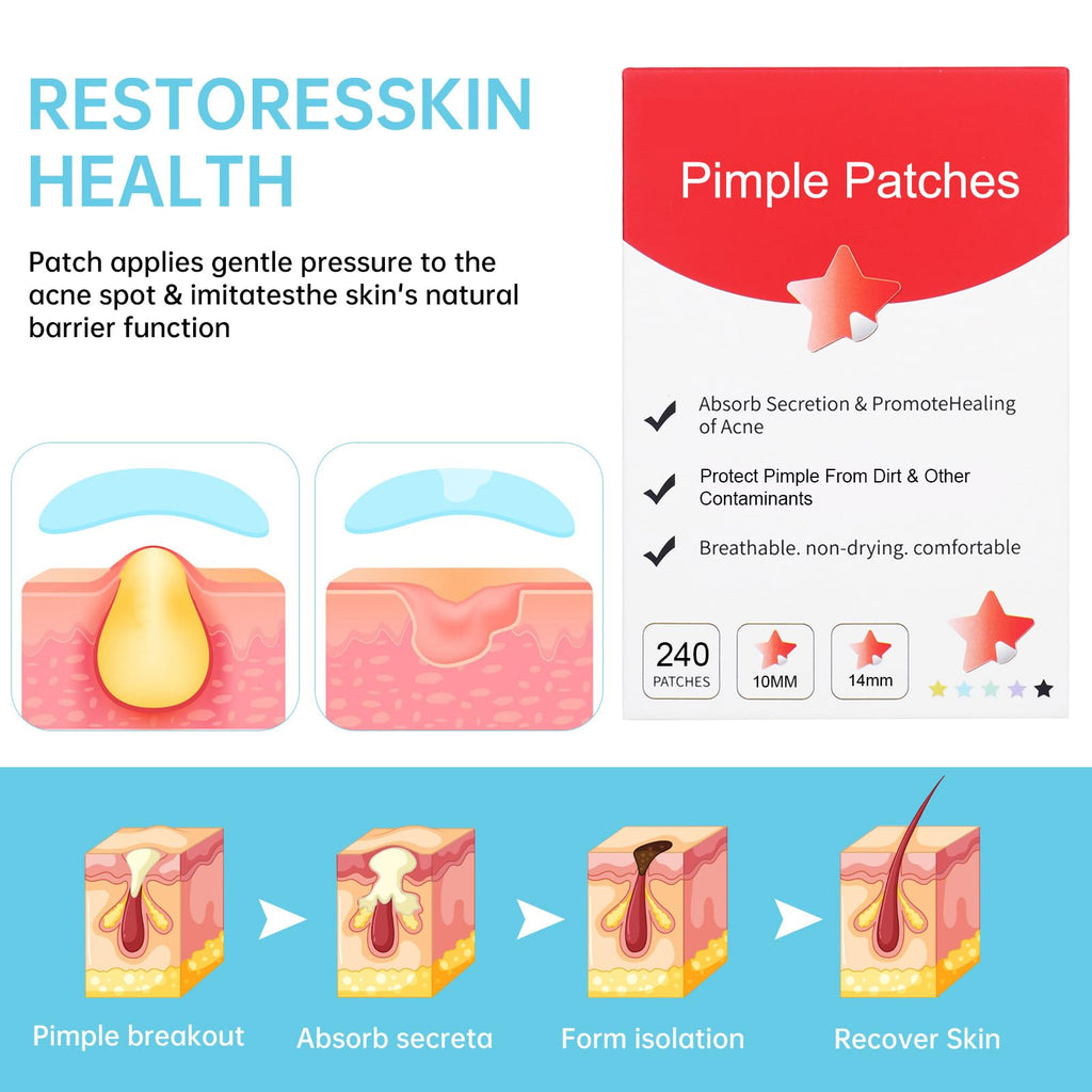 Waspot Pimple Patches for Face, Cute Star Zit Covers, Stars Hydrocolloid, For Sensitive Skin, with Tea Tree, Salicylic Acid & Cica Oil (10&12&14mm) 240 Count