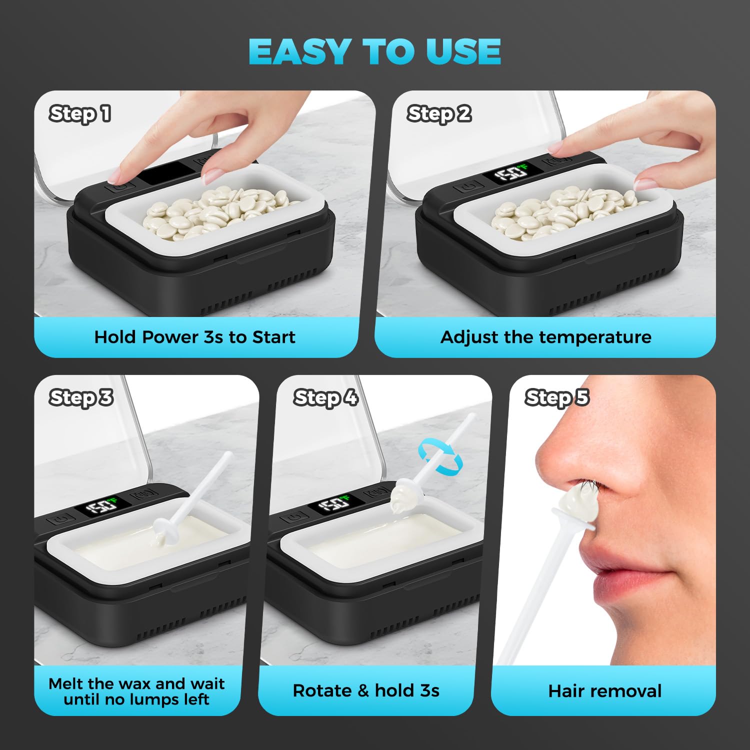 FullWoyi Nose Wax Kit Men,Nose Hair Waxing Kit with Adjustable LED Display,Ear Hair Removal Kit for Men Women 100 g Wax 70 Applicators,Constant Temp,USB Heated,Pocket-Size,Black