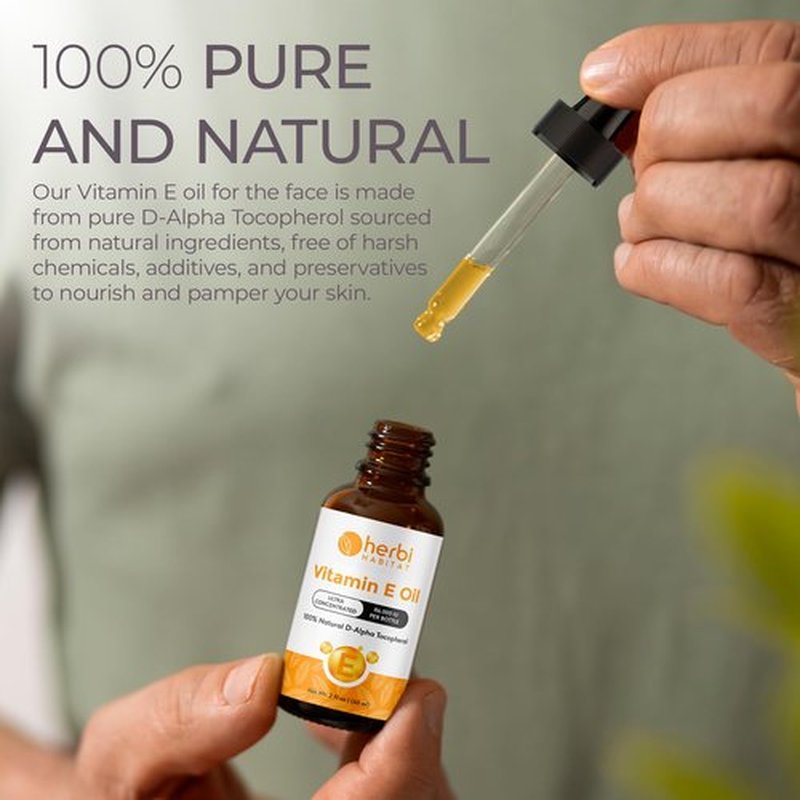 Herbi Habitat Vitamin E Oil 86,000 IU per bottle - Natural D-Alpha Tocopherol for Skin, Hair, Nails, Scars & Stretch Marks - Non-GMO & Vegan, 2 Fl oz