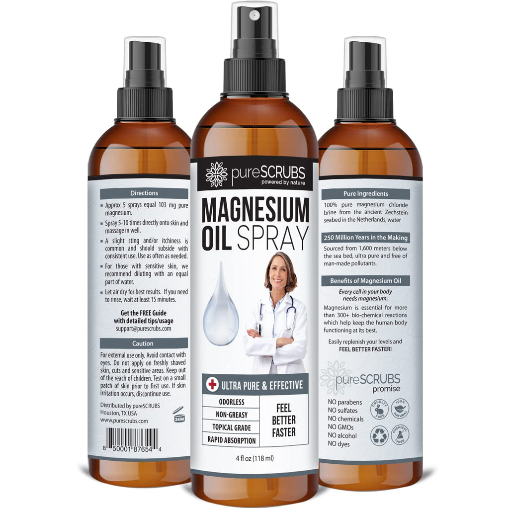 Fast Acting Pure Topical Magnesium Oil Spray for Feet, Skin, Body, Ultra Fast Absorption for Better Health, Pure Zechstein Brine - (4 fl oz - 1pk)