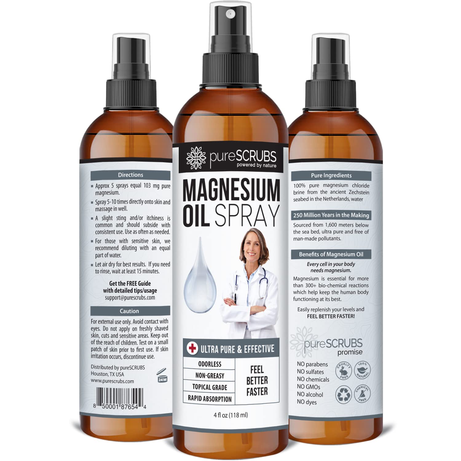 Fast Acting Pure Topical Magnesium Oil Spray for Feet, Skin, Body, Ultra Fast Absorption for Better Health, Pure Zechstein Brine - (4 fl oz - 1pk)