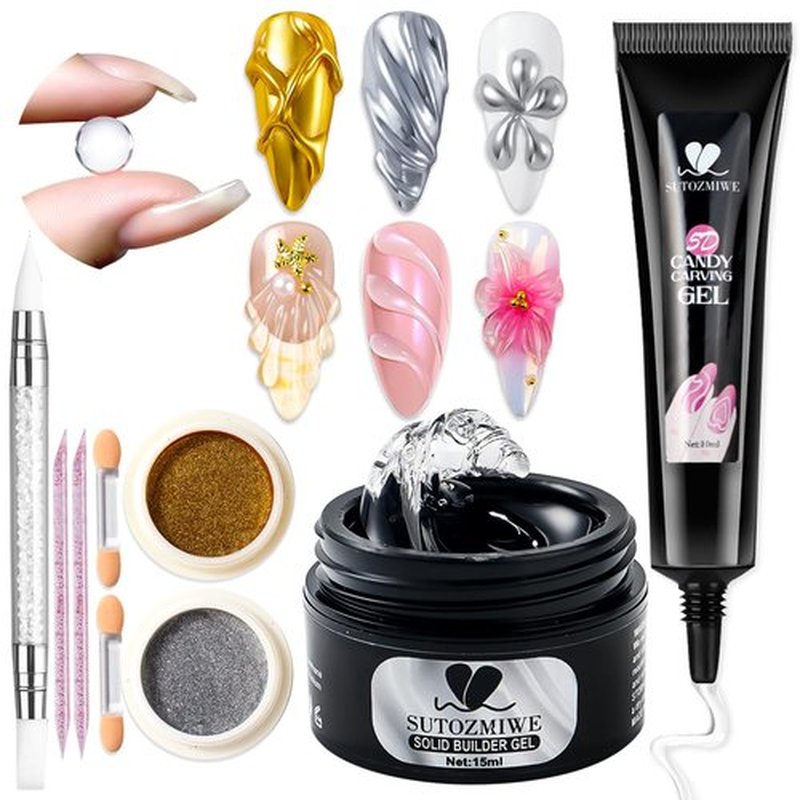 SUTOZMIWE Solid Builder Nail Gel, Clear Sculpting Gel for Nail Art, Non-Sticky 3D Carving Modeling Hard Gels with Gold & Silver Chrome Nail Powder for DIY Salon Manicure at Home