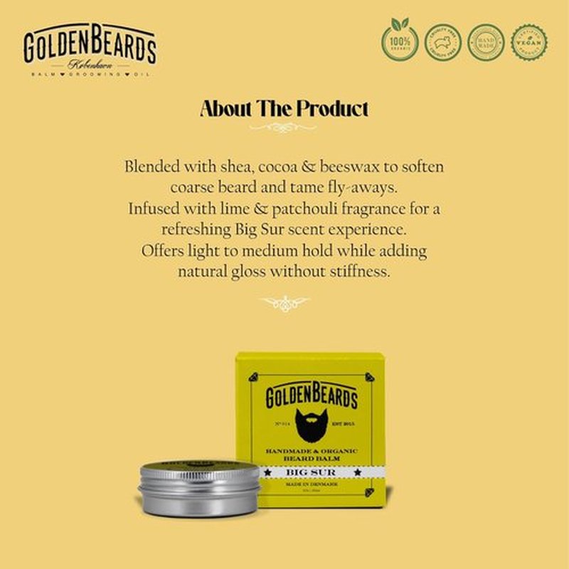 Golden Beards Organic Beard Balm - Vegan Shea, Cocoa & Argan Blend with Lime & Patchouli - 60ml Softener & Styler